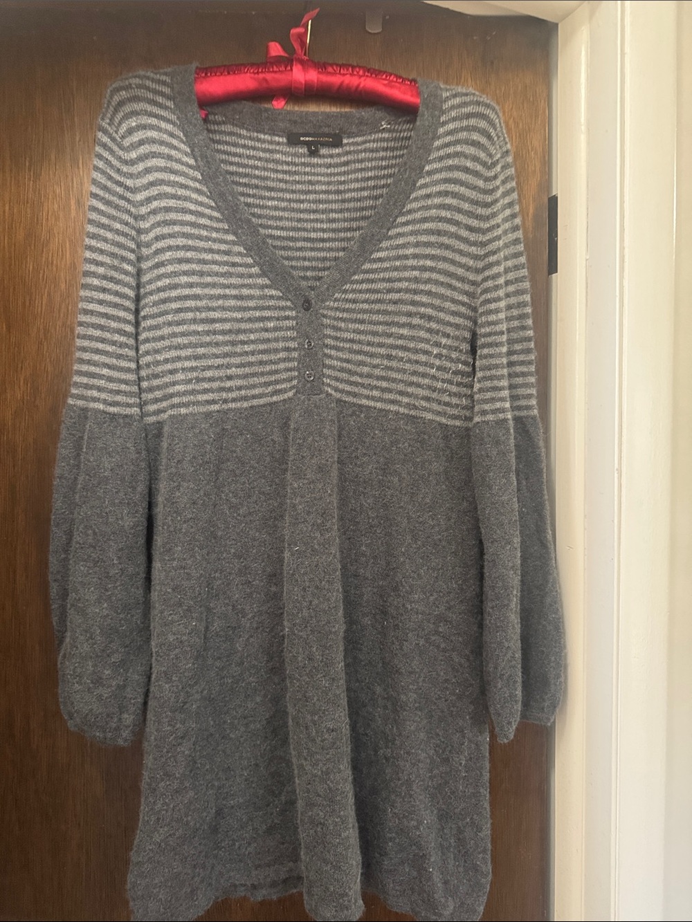 BCBGMaxAzria Gray Striped V-Neck Longline Sweater Dress